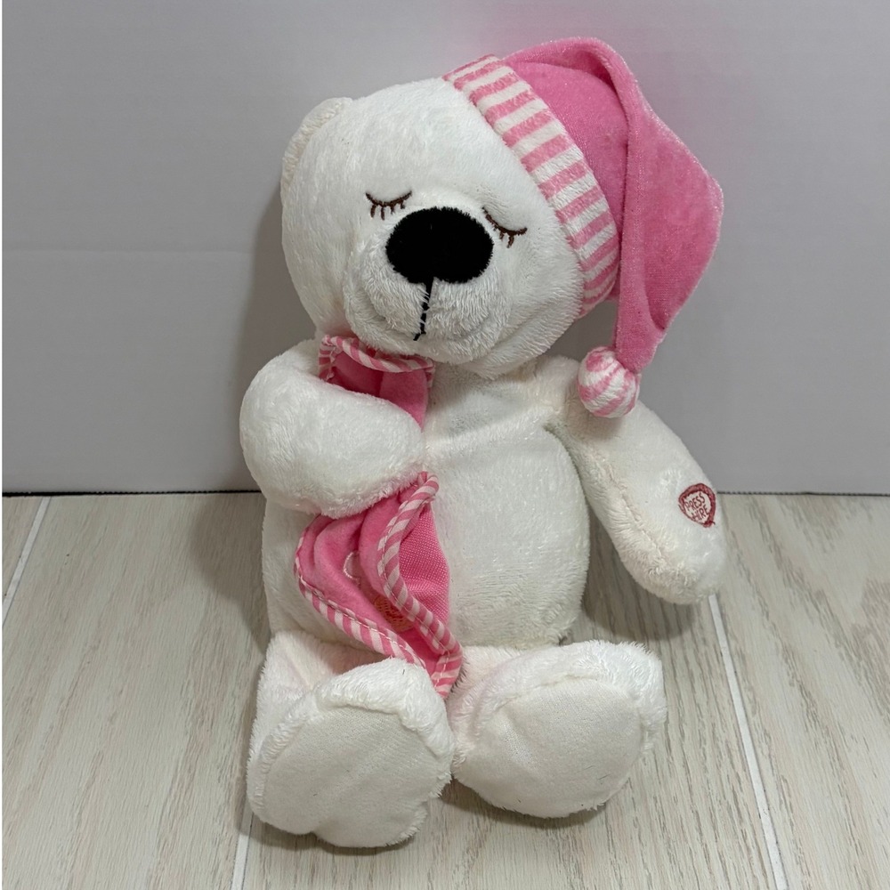 Hugfun Plush Teddy Bear White Pink Sleeping Hat Cap Blanket Stuffed Animal Toy